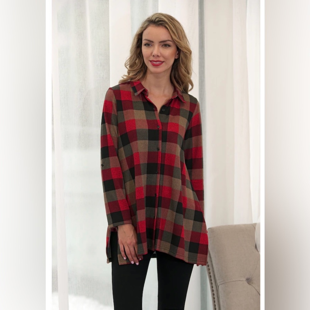 Orage Fashion Village Button Front Plaid Tunic Top Size Small